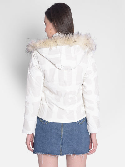 White Printed Jacket With Faux Fur Detail-Women Jackets-Crimsoune Club
