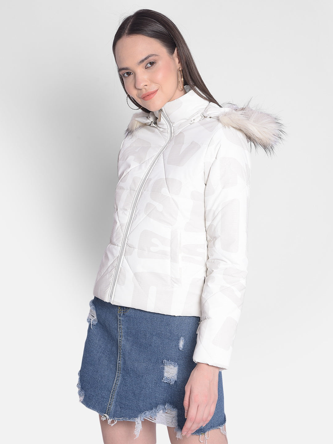 White Printed Jacket With Faux Fur Detail-Women Jackets-Crimsoune Club