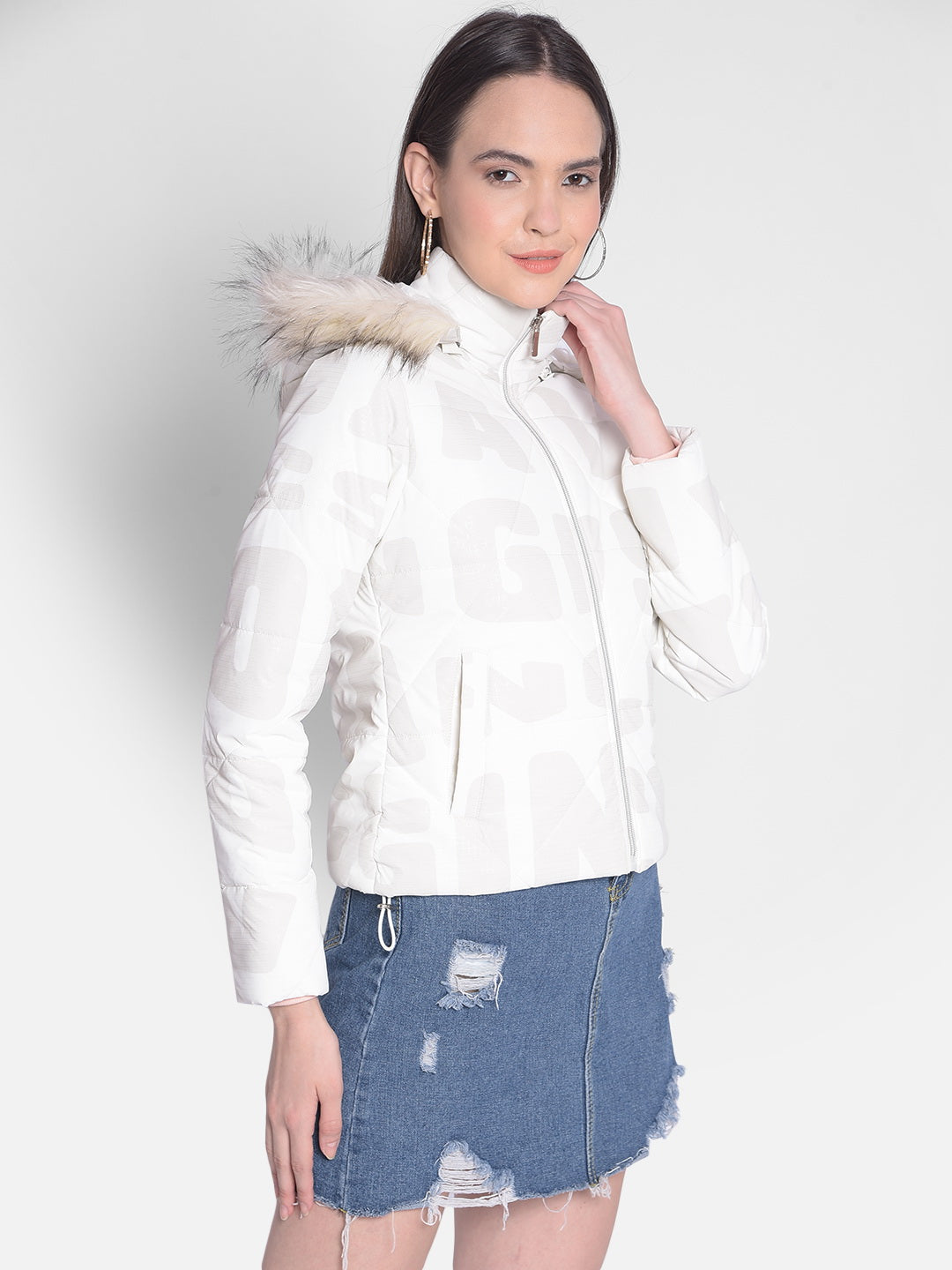 White Printed Jacket With Faux Fur Detail-Women Jackets-Crimsoune Club