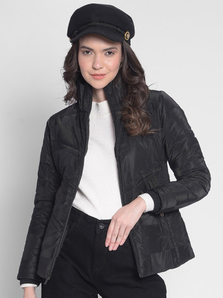 Black Printed Puffer Jacket-Women Jackets-Crimsoune Club