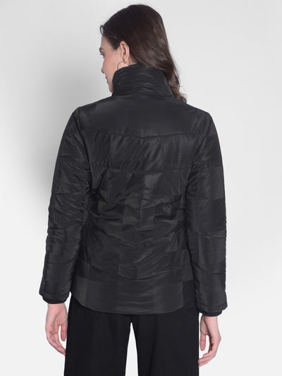Black Printed Puffer Jacket-Women Jackets-Crimsoune Club
