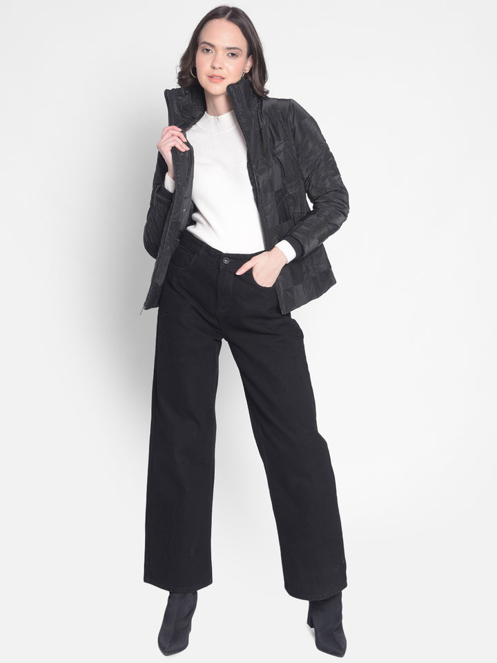 Black Printed Puffer Jacket-Women Jackets-Crimsoune Club
