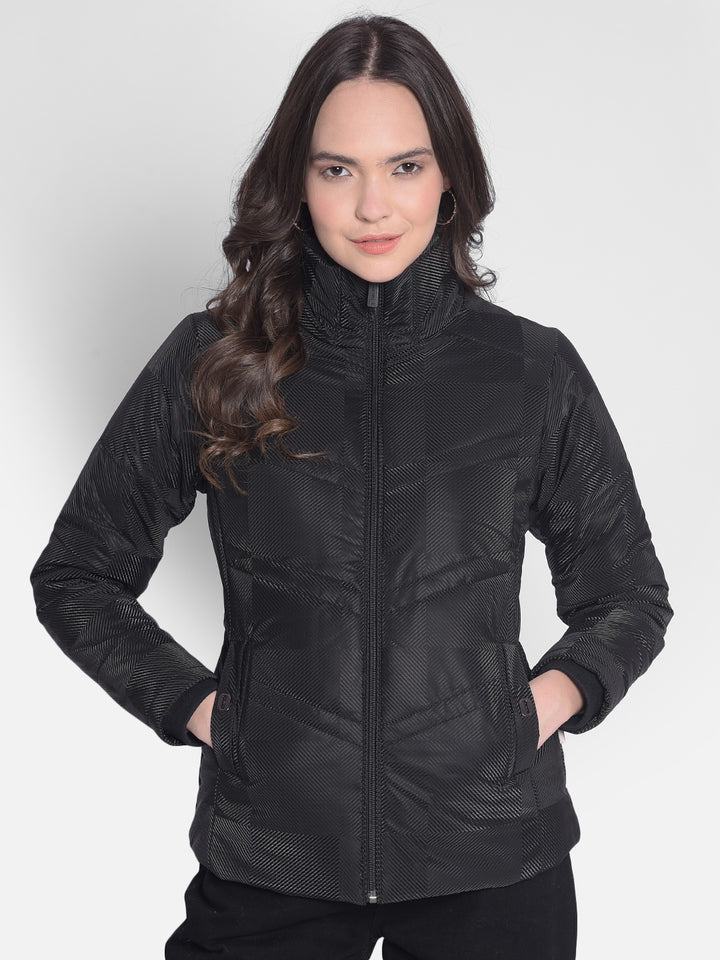Black Printed Puffer Jacket-Women Jackets-Crimsoune Club