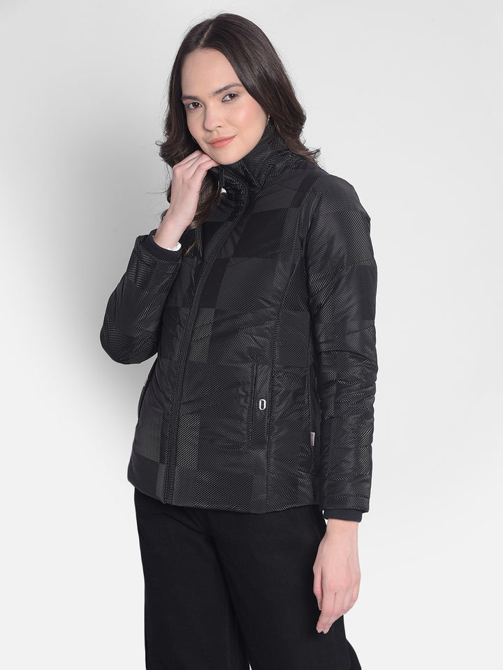 Black Printed Puffer Jacket-Women Jackets-Crimsoune Club