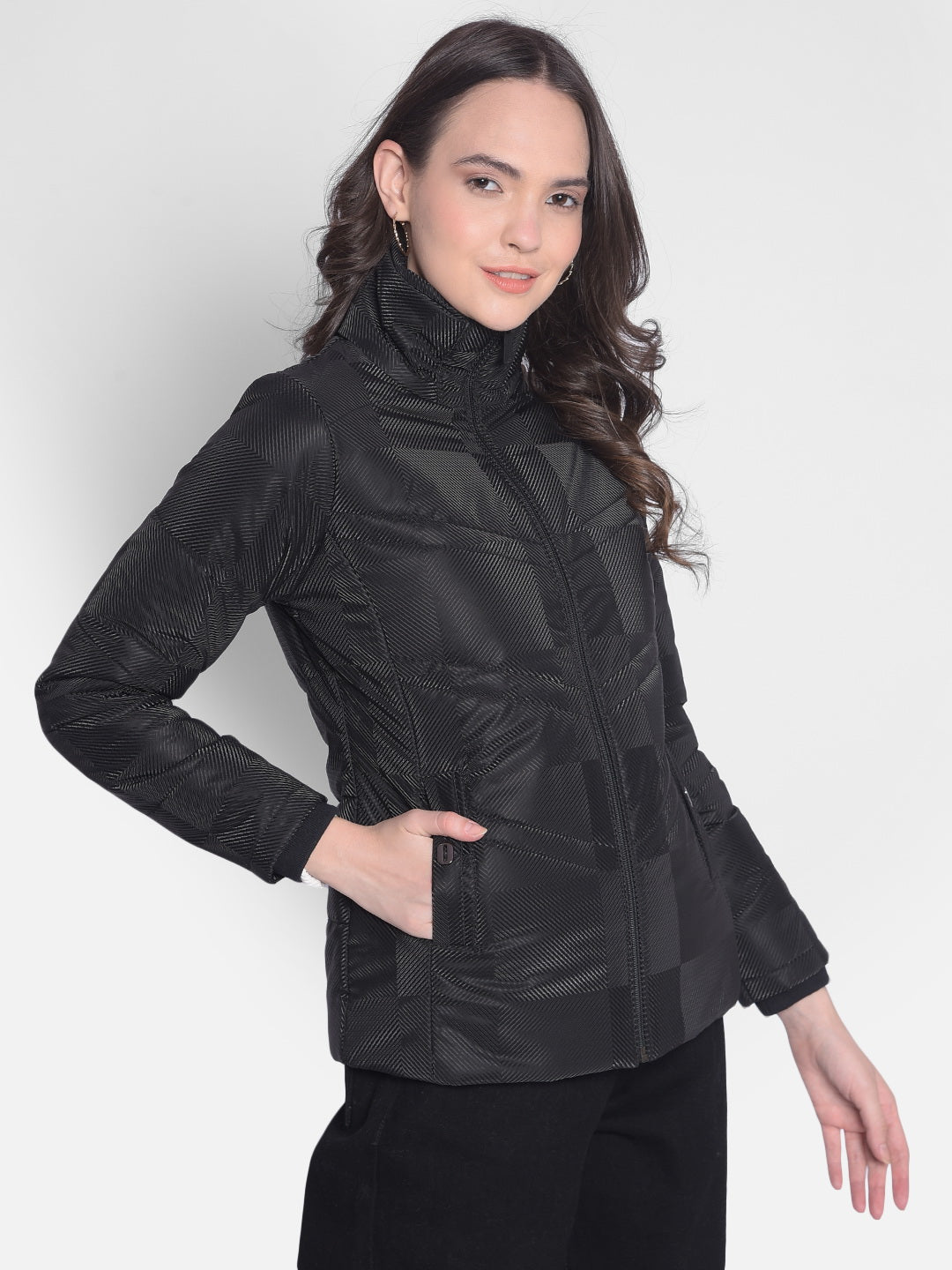 Black Printed Puffer Jacket-Women Jackets-Crimsoune Club