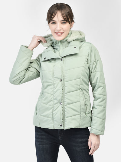 Mint-Green Hooded Puffer Jacket-Women Jackets-Crimsoune Club