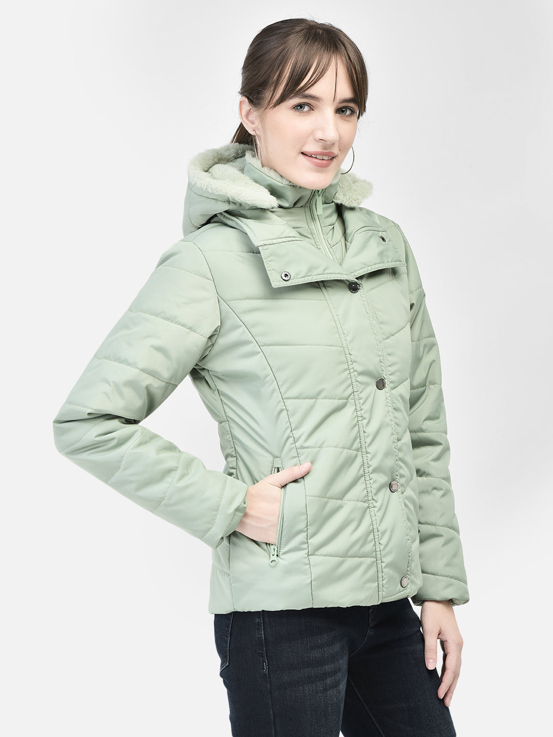 Mint-Green Hooded Puffer Jacket-Women Jackets-Crimsoune Club