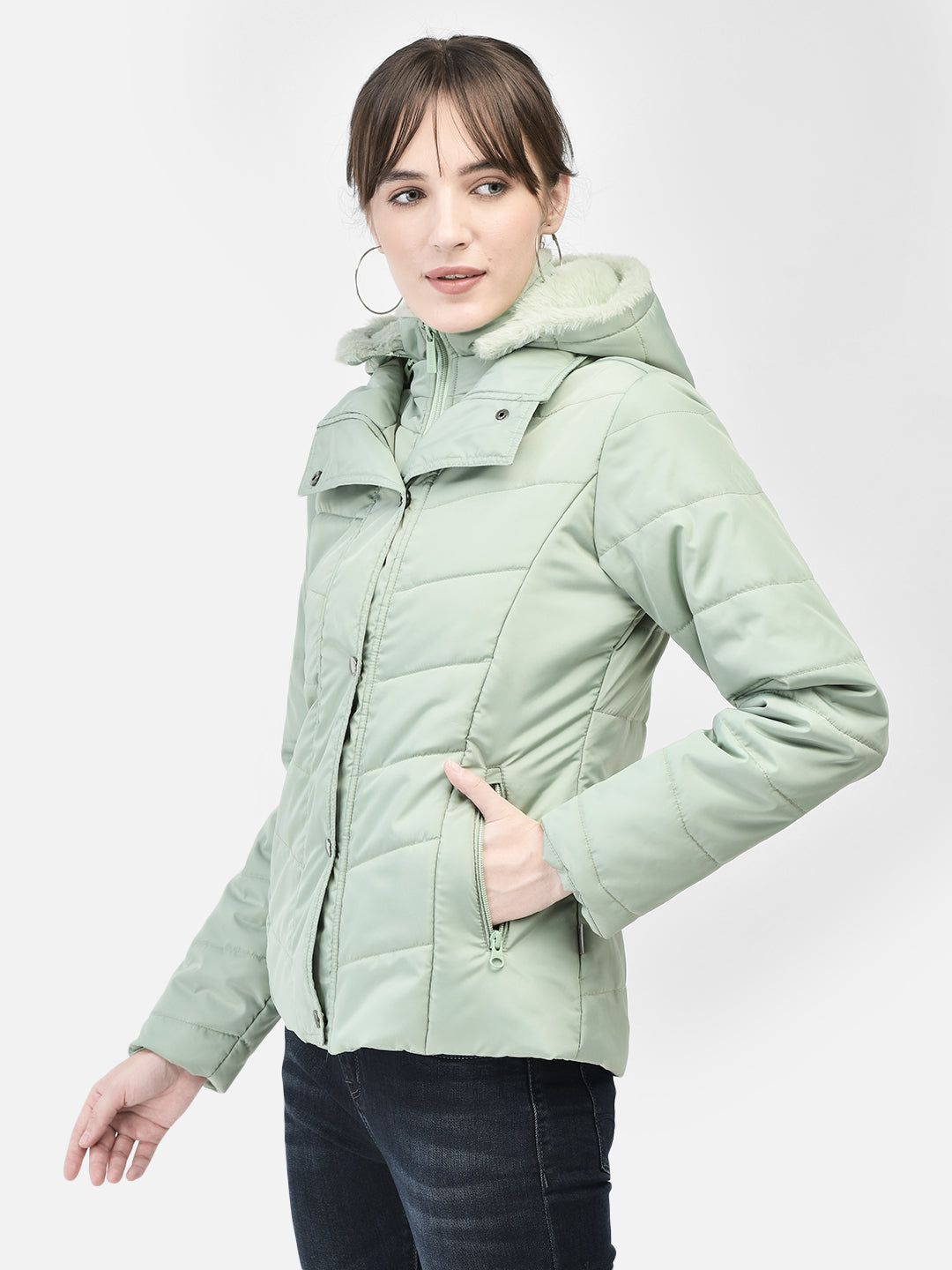 Mint-Green Hooded Puffer Jacket-Women Jackets-Crimsoune Club