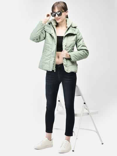 Mint-Green Hooded Puffer Jacket-Women Jackets-Crimsoune Club
