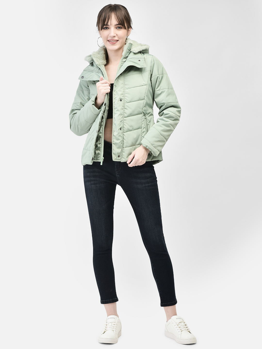 Mint-Green Hooded Puffer Jacket-Women Jackets-Crimsoune Club