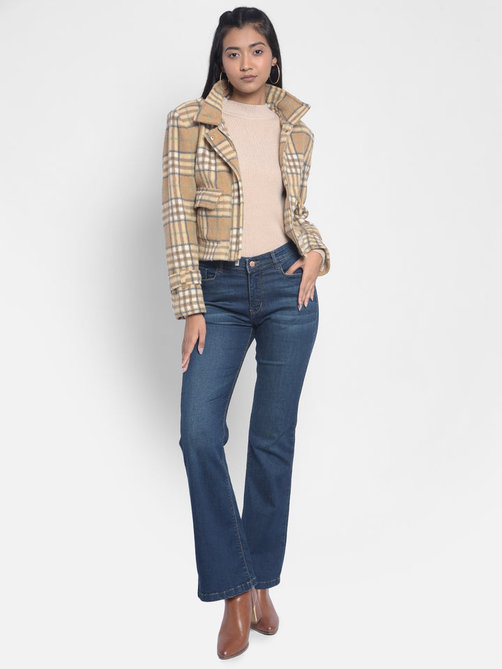 Brown Checked Crop Jackets-Women Jackets-Crimsoune Club