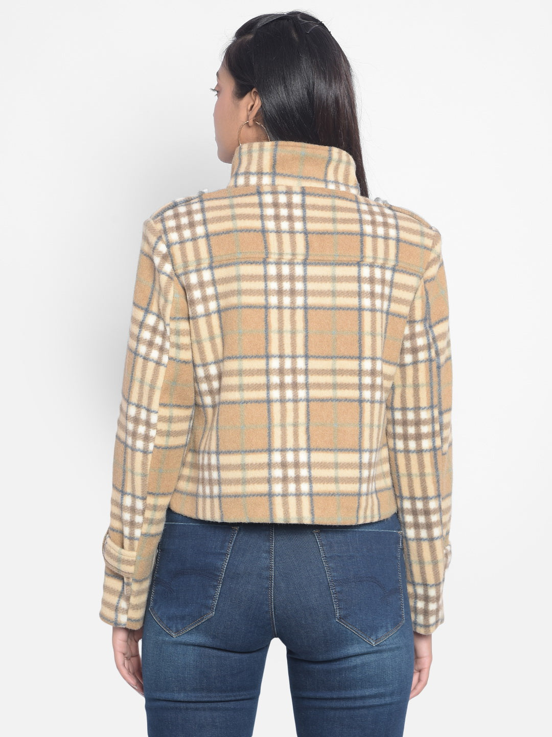 Brown Checked Crop Jackets-Women Jackets-Crimsoune Club