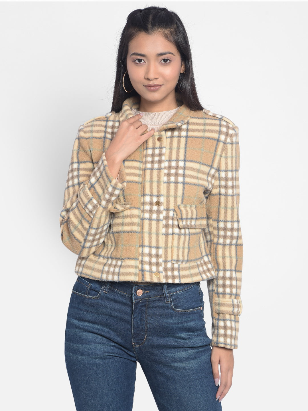 Brown Checked Crop Jackets-Women Jackets-Crimsoune Club