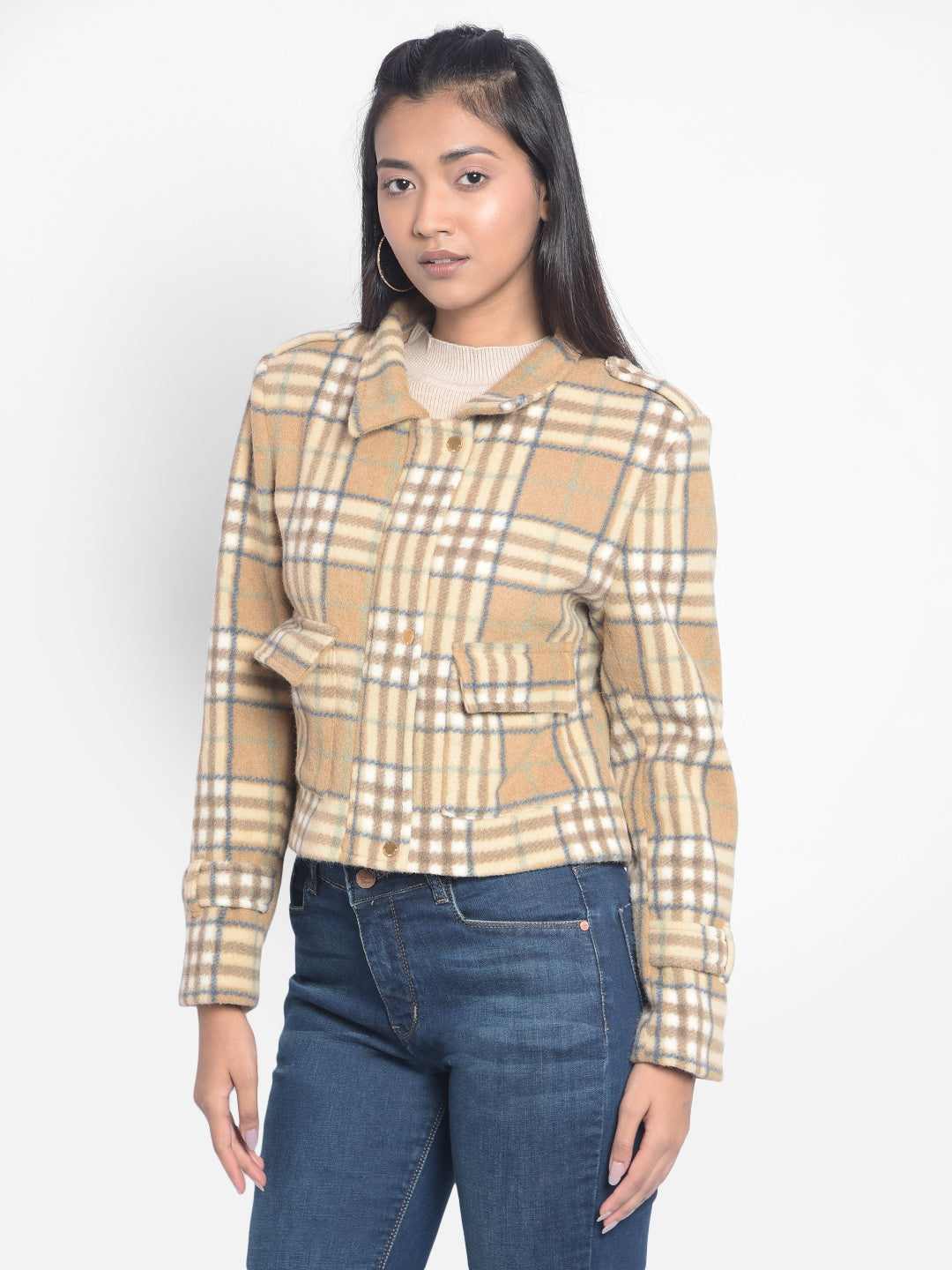 Brown Checked Crop Jackets-Women Jackets-Crimsoune Club