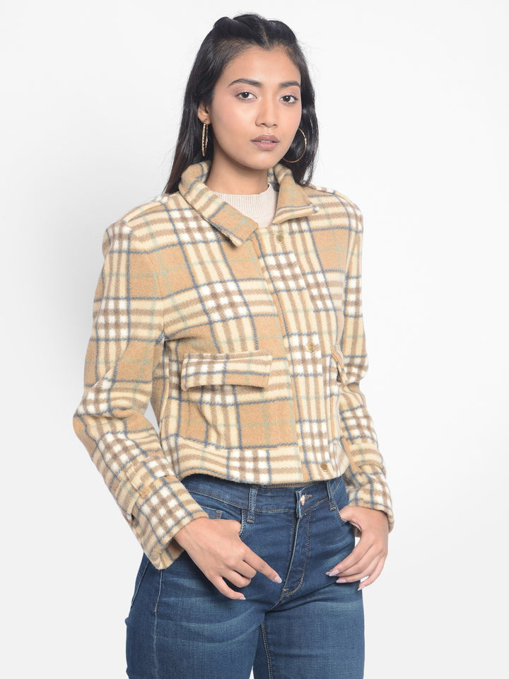 Brown Checked Crop Jackets-Women Jackets-Crimsoune Club