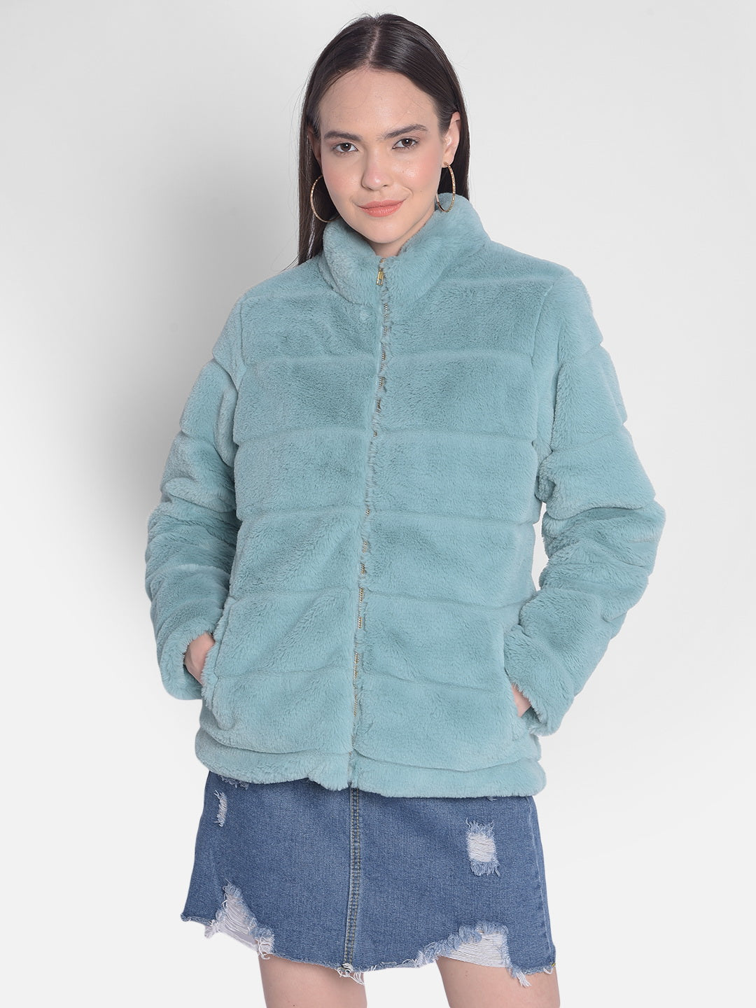 Mint-Green Jacket With Faux Fur Detail-Women Jackets-Crimsoune Club