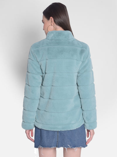 Mint-Green Jacket With Faux Fur Detail-Women Jackets-Crimsoune Club