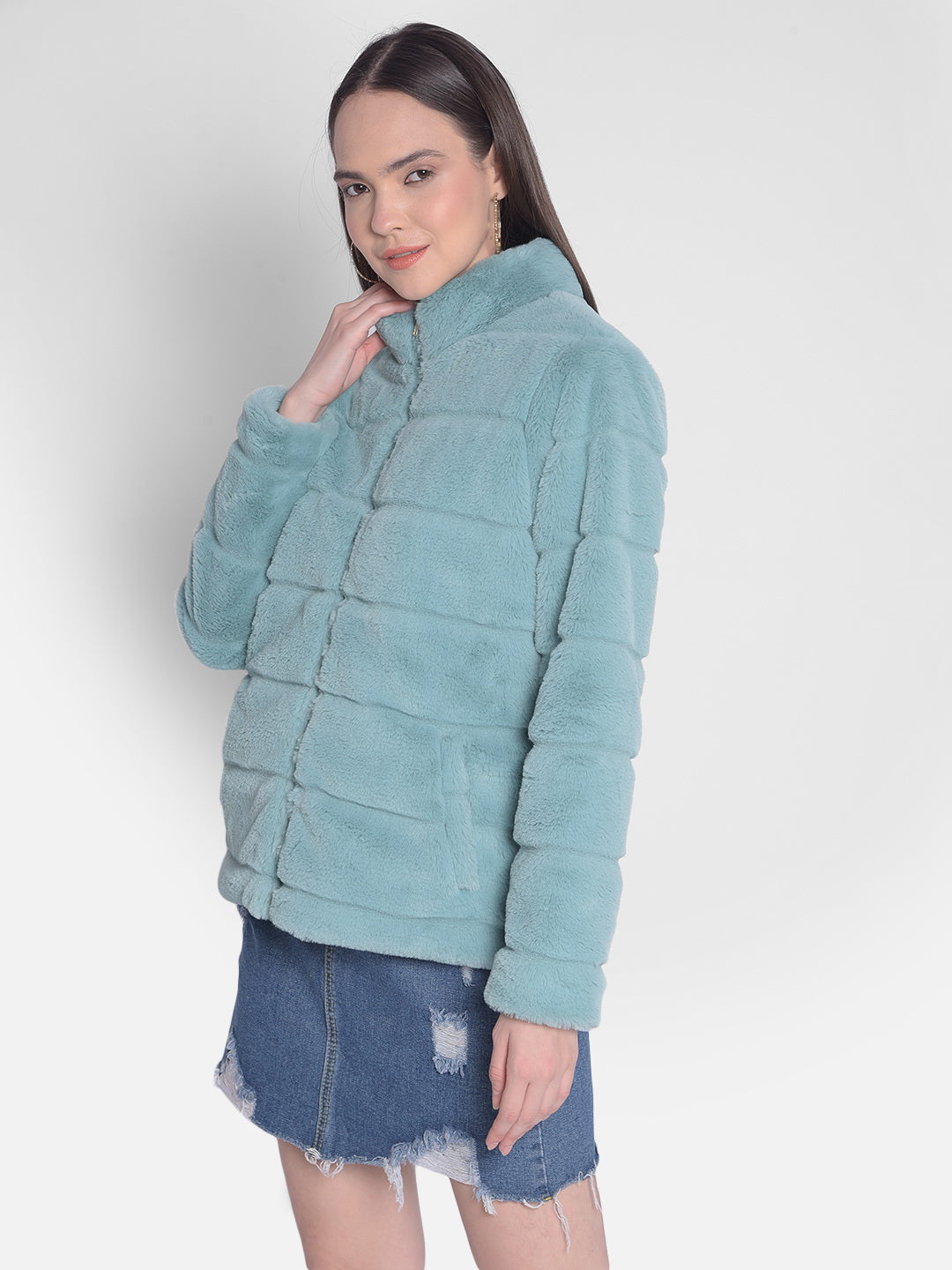 Mint-Green Jacket With Faux Fur Detail-Women Jackets-Crimsoune Club