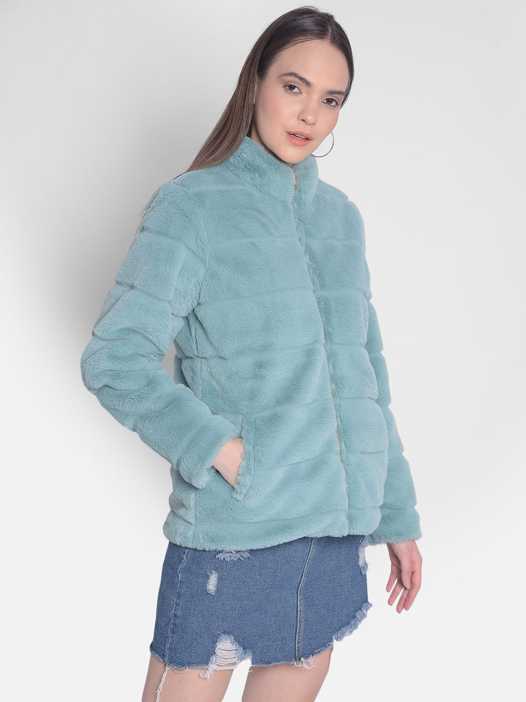 Mint-Green Jacket With Faux Fur Detail-Women Jackets-Crimsoune Club