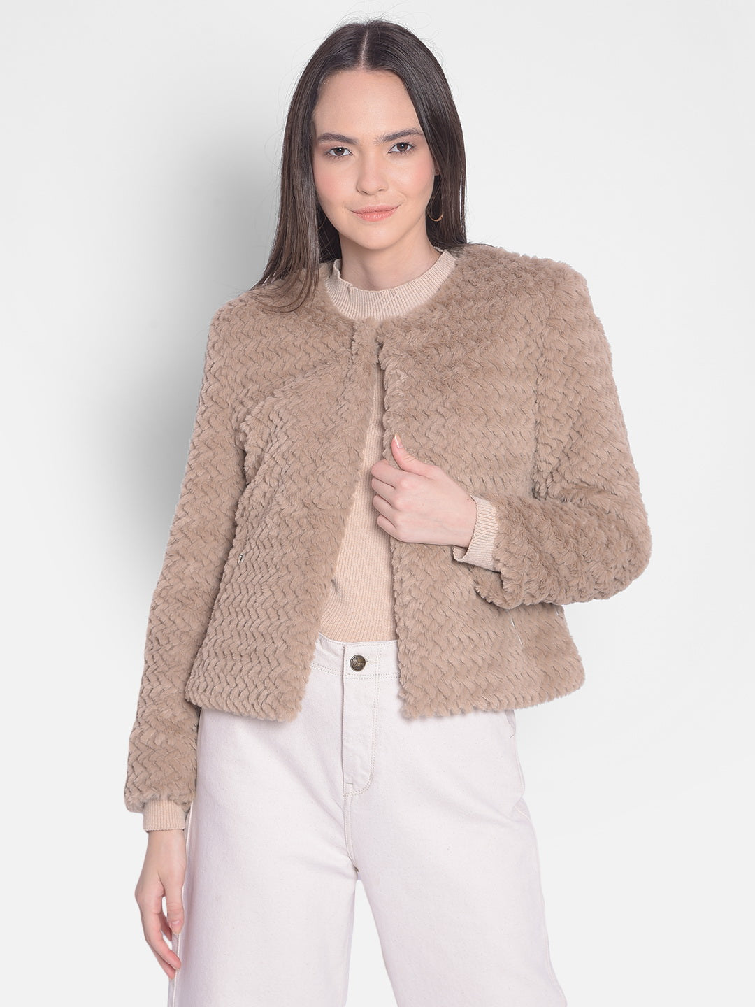 Beige Front-Open Jacket With Faux Fur Detail-Women Jackets-Crimsoune Club