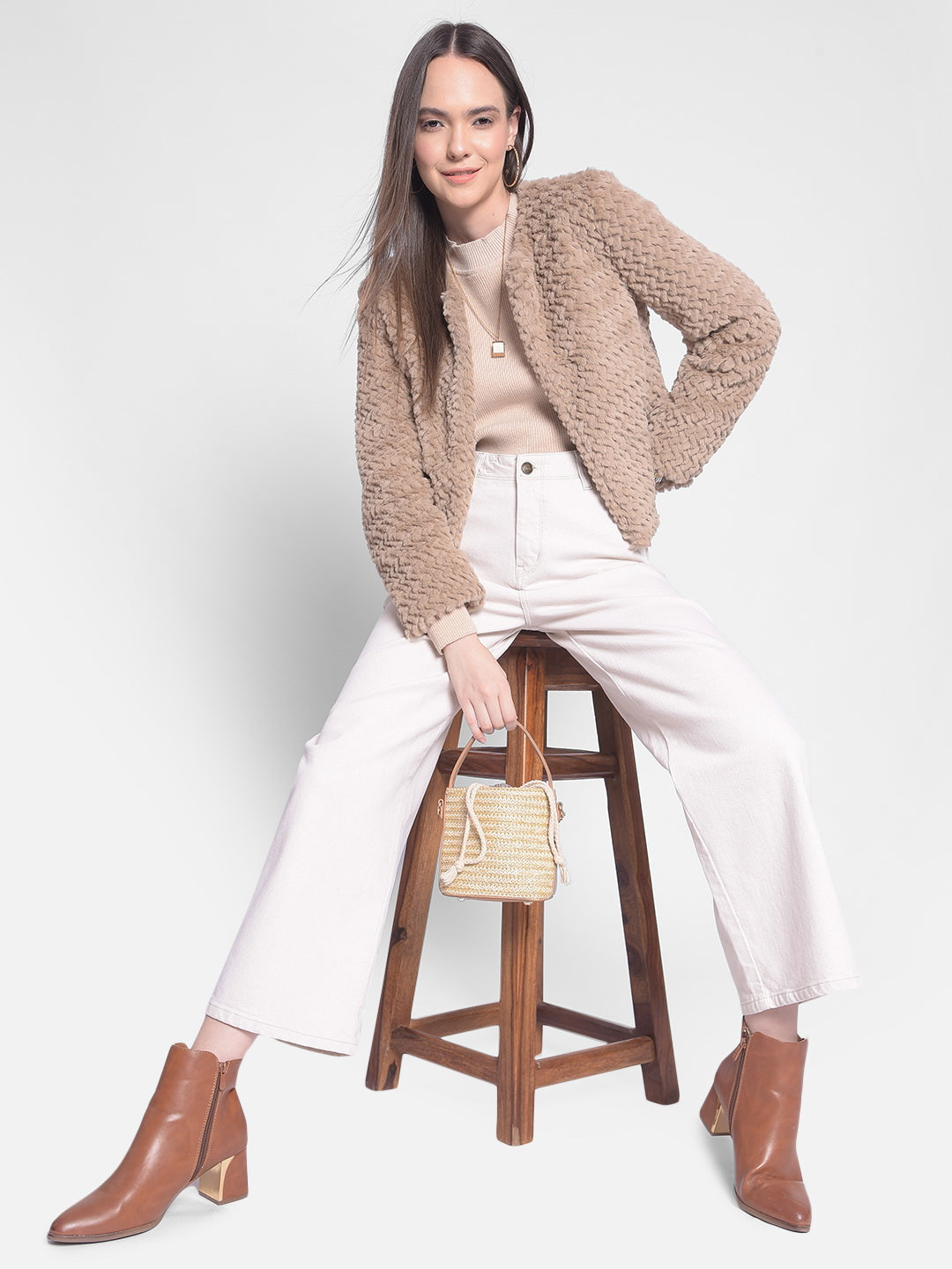 Beige Front-Open Jacket With Faux Fur Detail-Women Jackets-Crimsoune Club