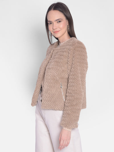 Beige Front-Open Jacket With Faux Fur Detail-Women Jackets-Crimsoune Club