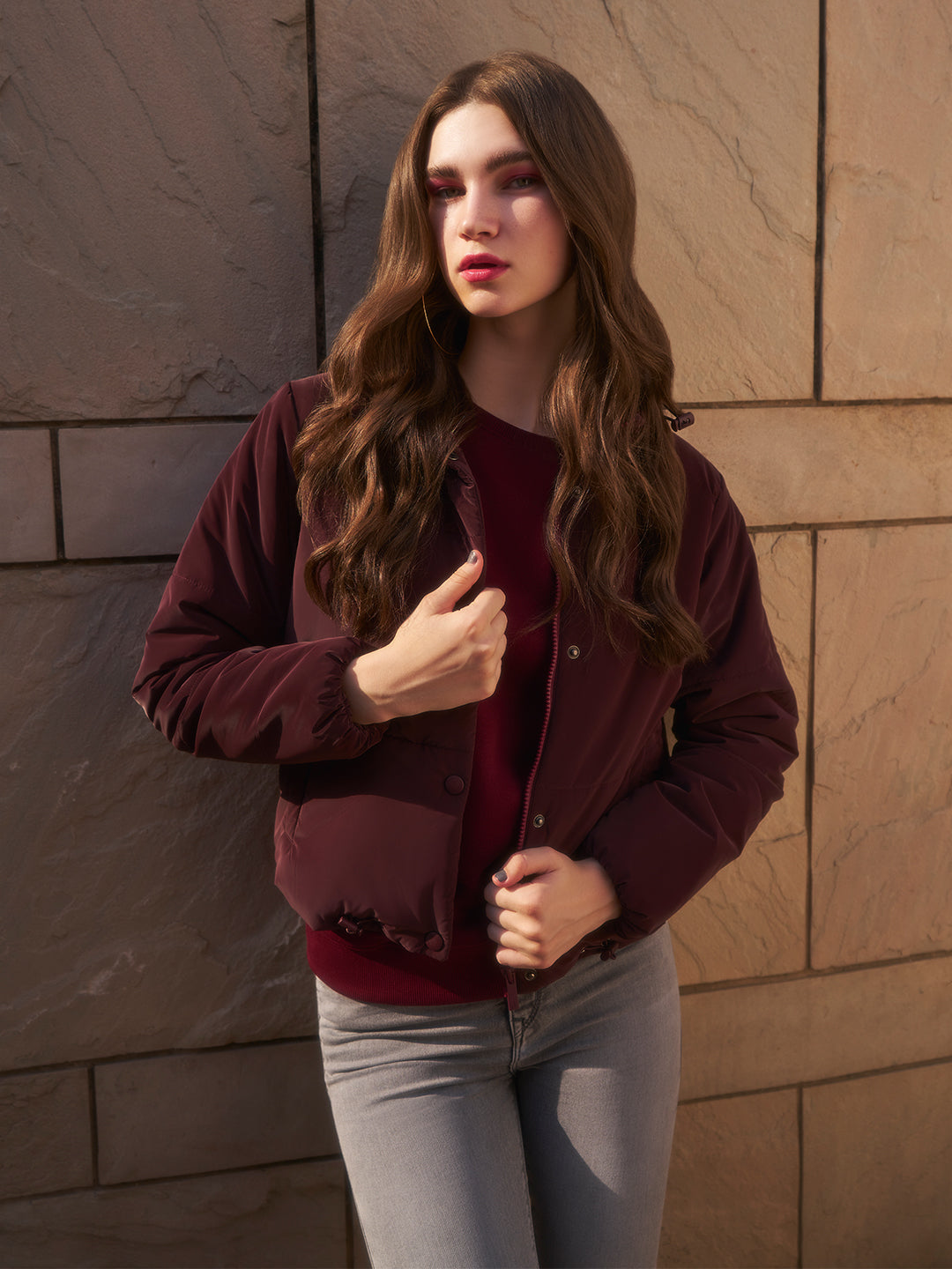 Wine Puffer Jacket-Women Jackets-Crimsoune Club