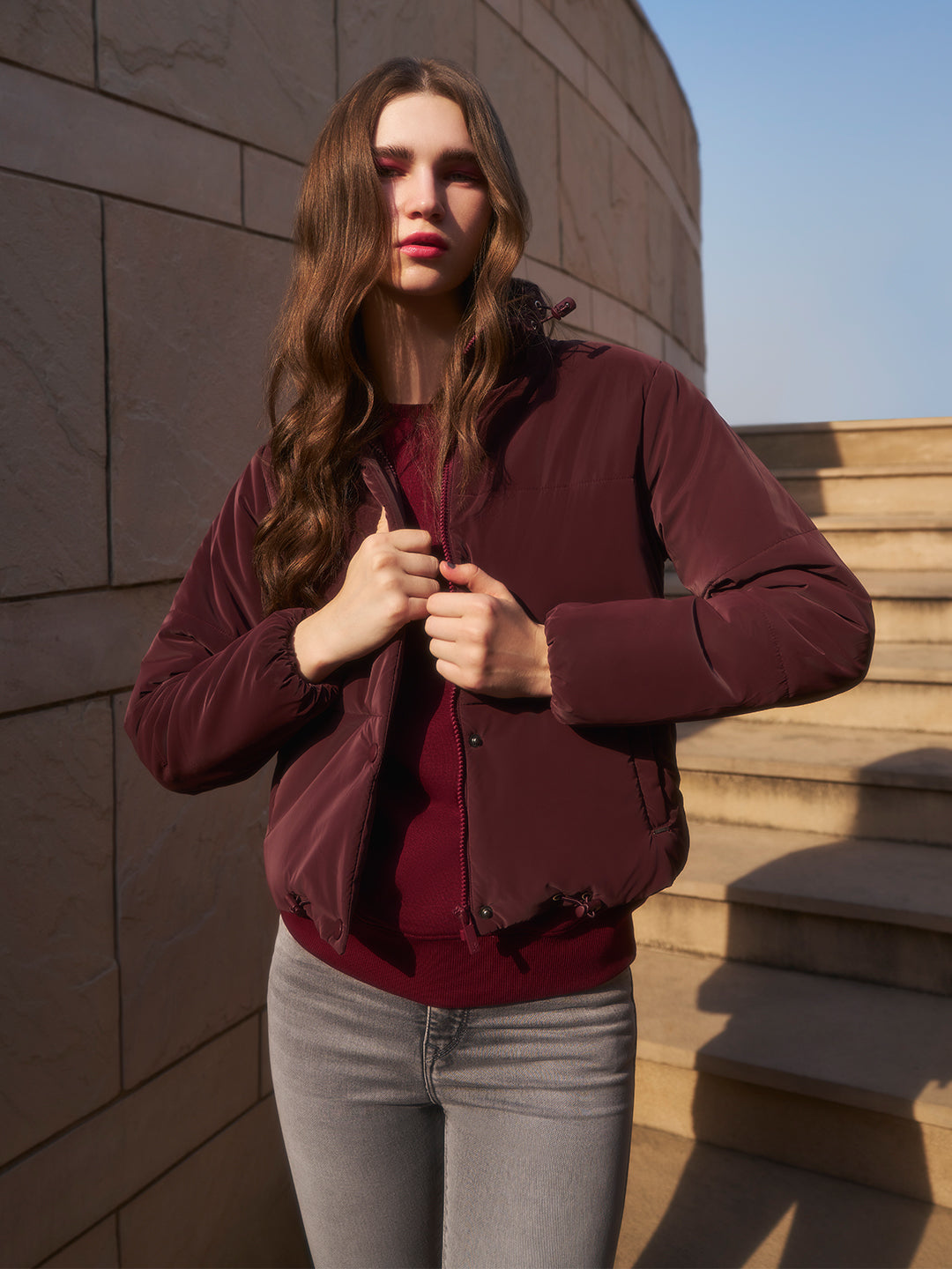 Wine Puffer Jacket-Women Jackets-Crimsoune Club