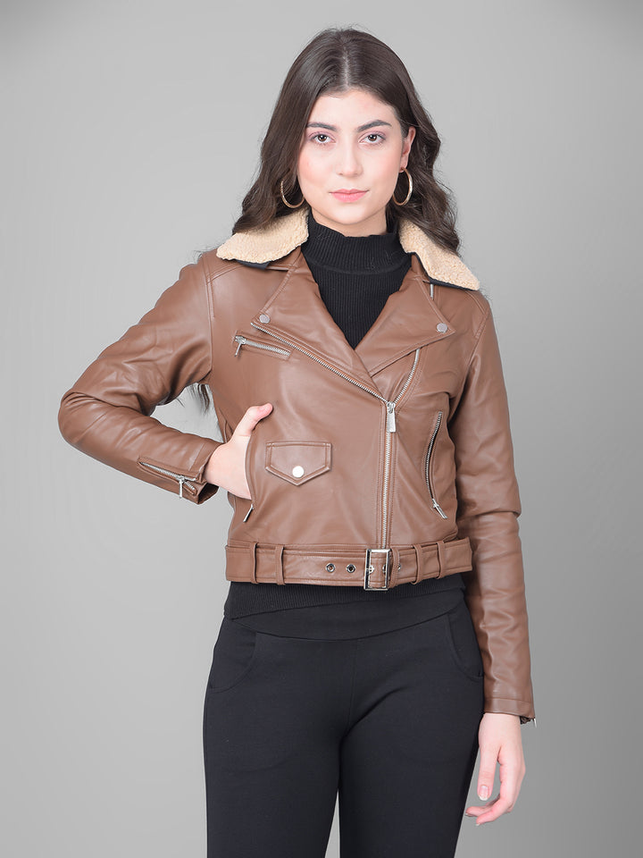 Brown Cropped Leather Jacket With Belt-Women Jackets-Crimsoune Club
