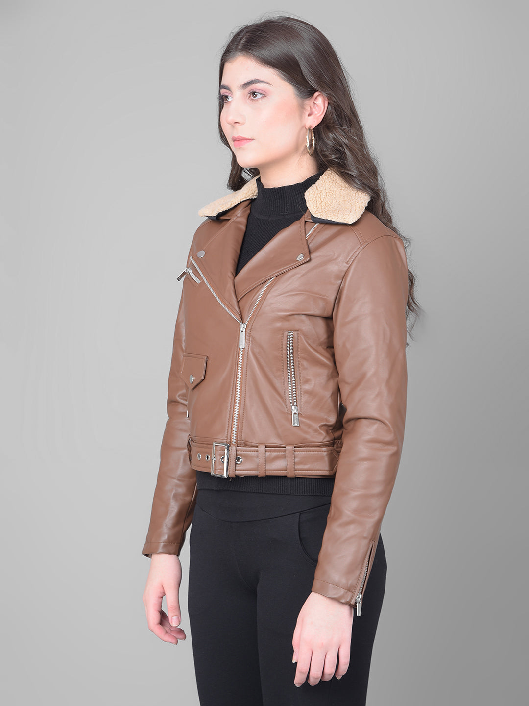 Brown Cropped Leather Jacket With Belt-Women Jackets-Crimsoune Club