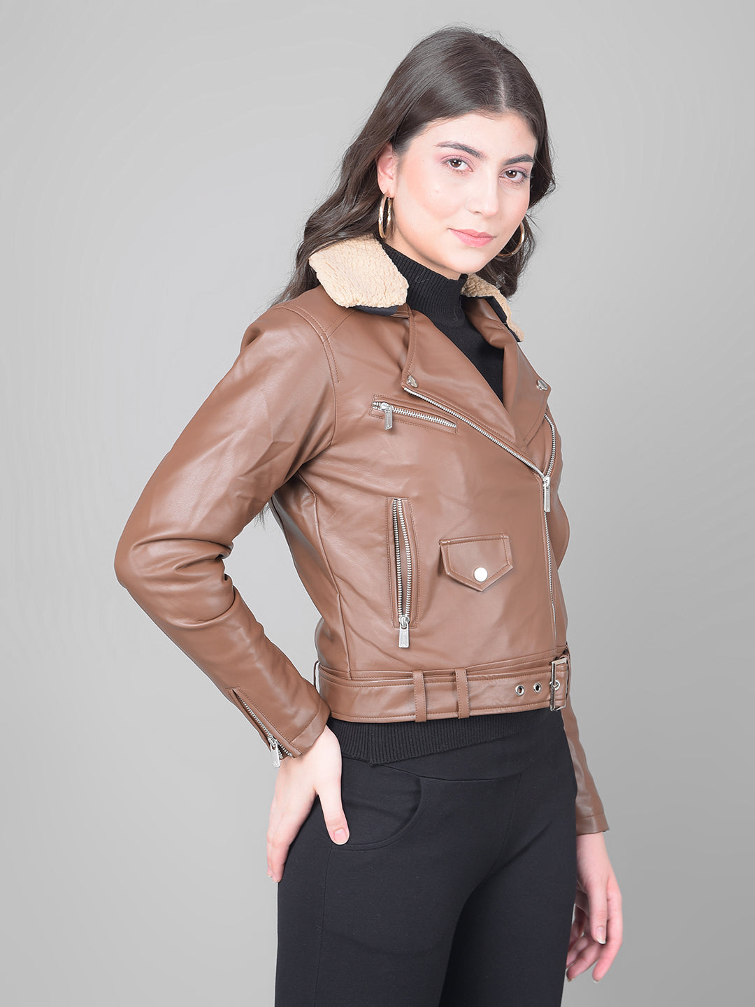 Brown Cropped Leather Jacket With Belt-Women Jackets-Crimsoune Club