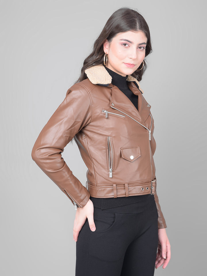 Brown Cropped Leather Jacket With Belt-Women Jackets-Crimsoune Club