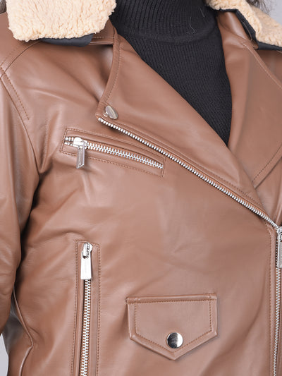 Brown Cropped Leather Jacket With Belt-Women Jackets-Crimsoune Club