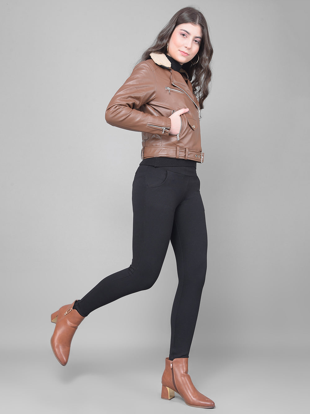 Brown Cropped Leather Jacket With Belt-Women Jackets-Crimsoune Club