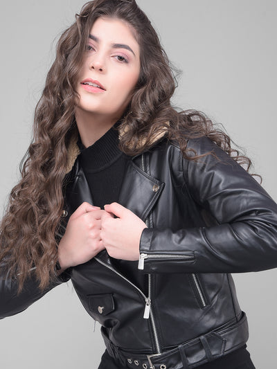Black Cropped Leather Jacket With Belt-Women Jackets-Crimsoune Club