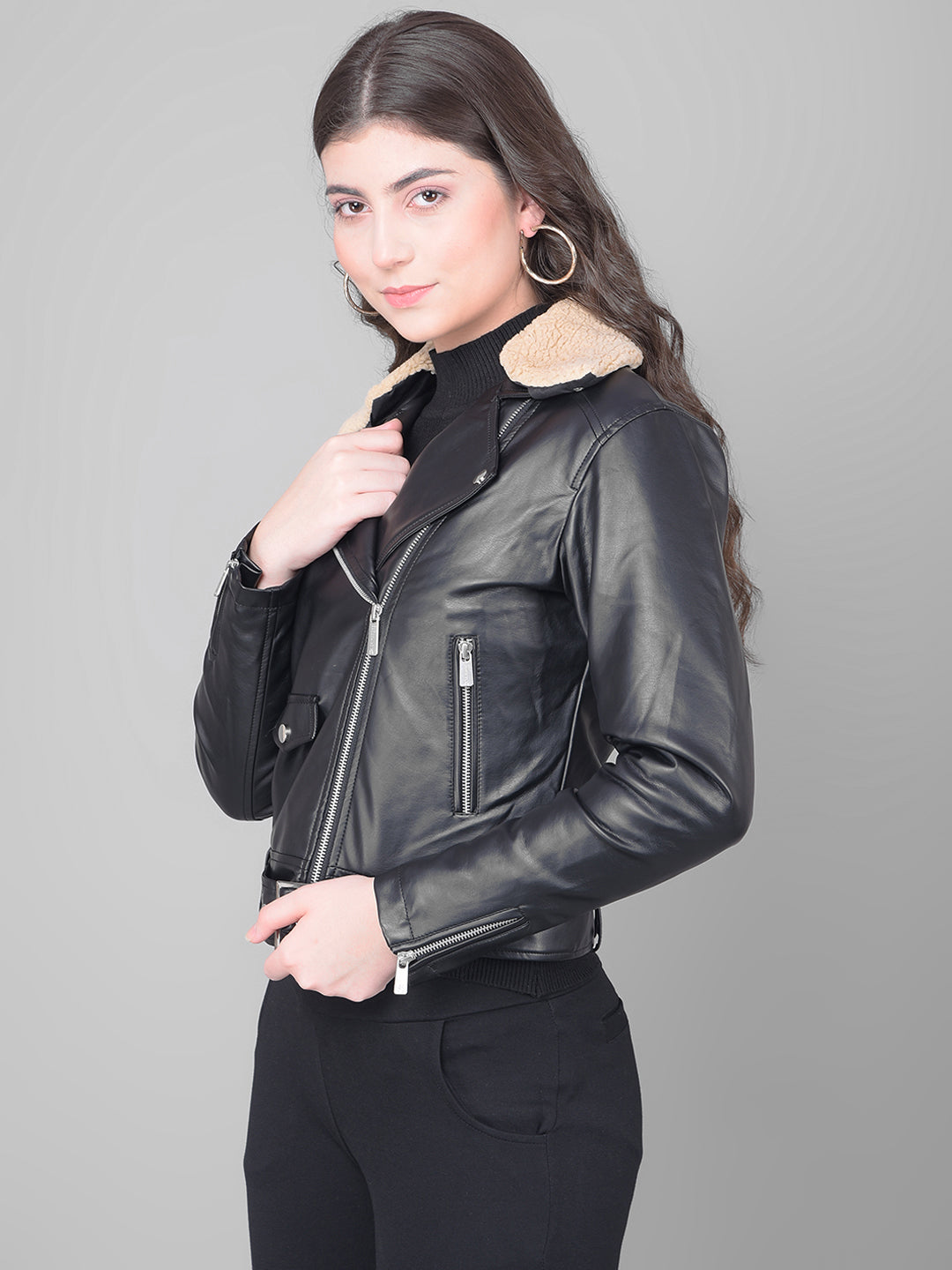 Black Cropped Leather Jacket With Belt-Women Jackets-Crimsoune Club