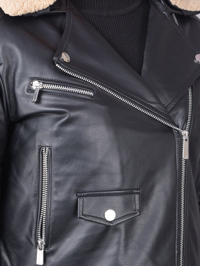 Black Cropped Leather Jacket With Belt-Women Jackets-Crimsoune Club