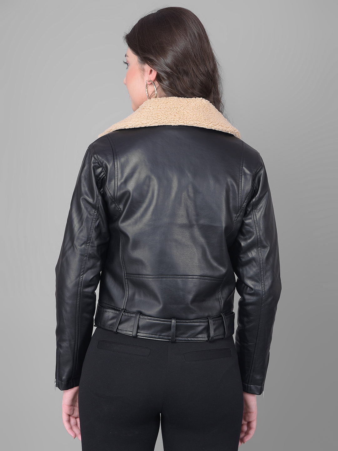 Black Cropped Leather Jacket With Belt-Women Jackets-Crimsoune Club