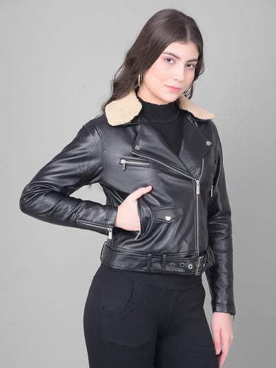 Black Cropped Leather Jacket With Belt-Women Jackets-Crimsoune Club