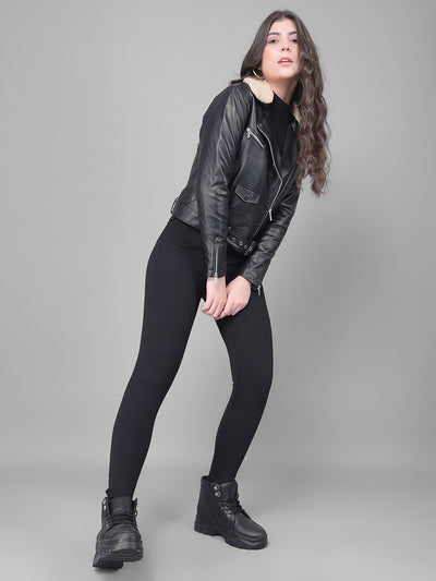 Black Cropped Leather Jacket With Belt-Women Jackets-Crimsoune Club