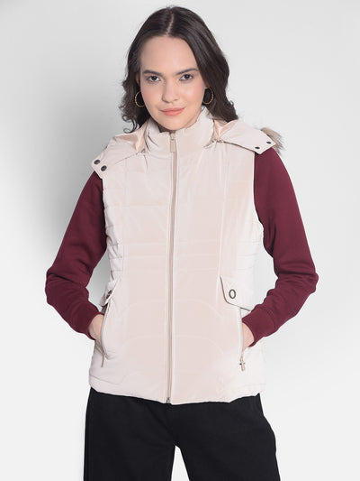 Beige Puffer Jacket With Faux Fur Detail-Women Jackets-Crimsoune Club