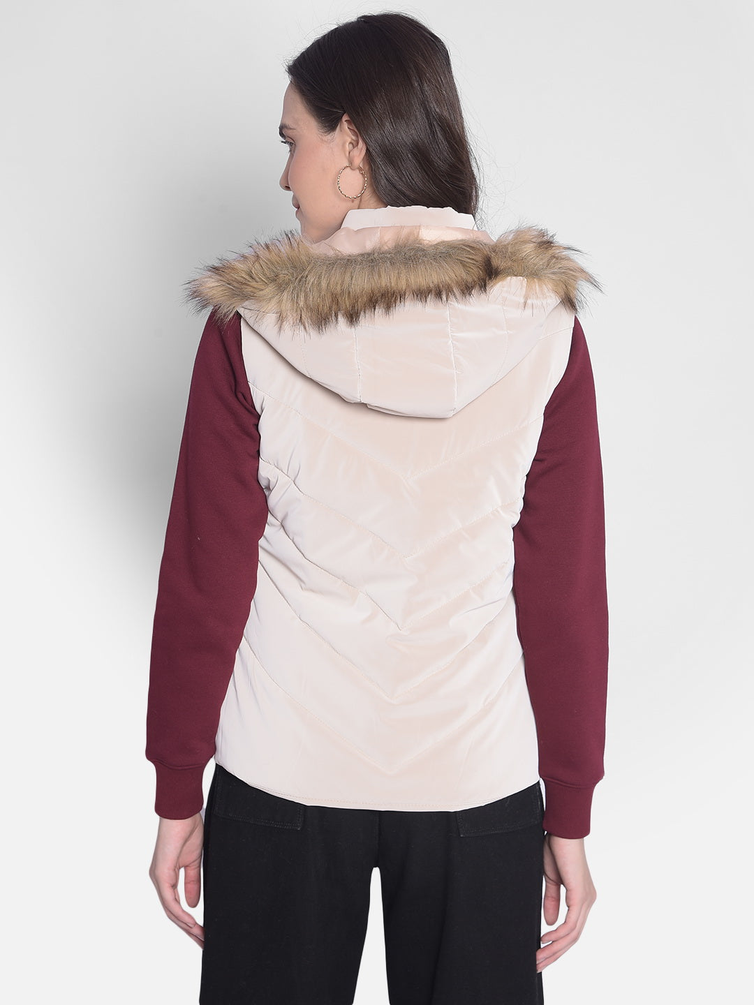 Beige Puffer Jacket With Faux Fur Detail-Women Jackets-Crimsoune Club