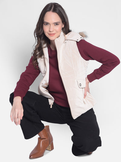 Beige Puffer Jacket With Faux Fur Detail-Women Jackets-Crimsoune Club