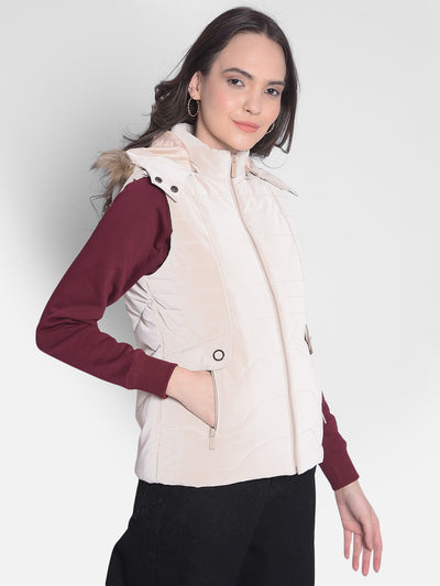 Beige Puffer Jacket With Faux Fur Detail-Women Jackets-Crimsoune Club