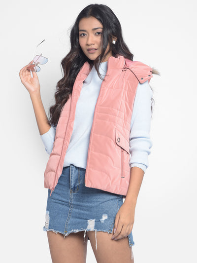 Peach Hooded Puffer Jackets-Women Jackets-Crimsoune Club