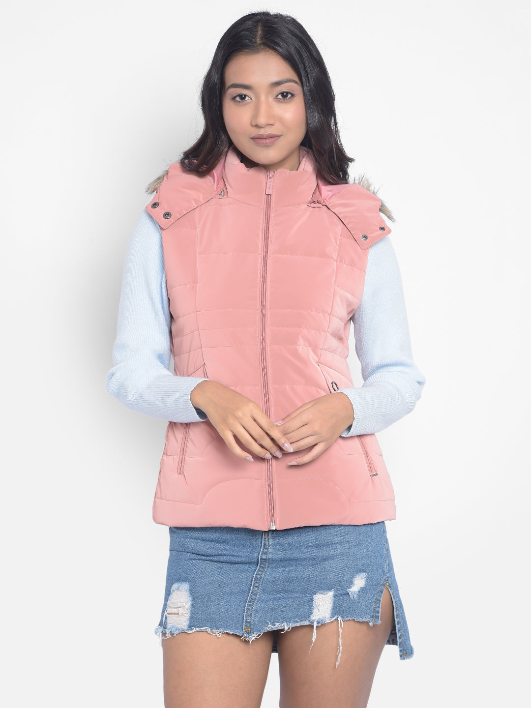 Peach Hooded Puffer Jackets-Women Jackets-Crimsoune Club