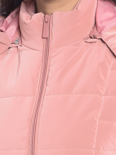 Peach Hooded Puffer Jackets-Women Jackets-Crimsoune Club