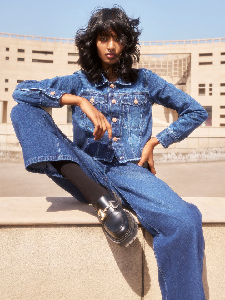 Blue Cropped Denim Jacket-Women Jackets-Crimsoune Club
