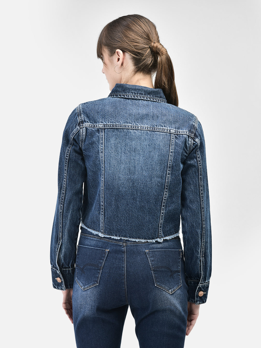 Blue Cropped Denim Jacket-Women Jackets-Crimsoune Club