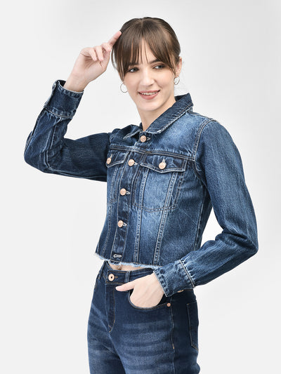 Blue Cropped Denim Jacket-Women Jackets-Crimsoune Club